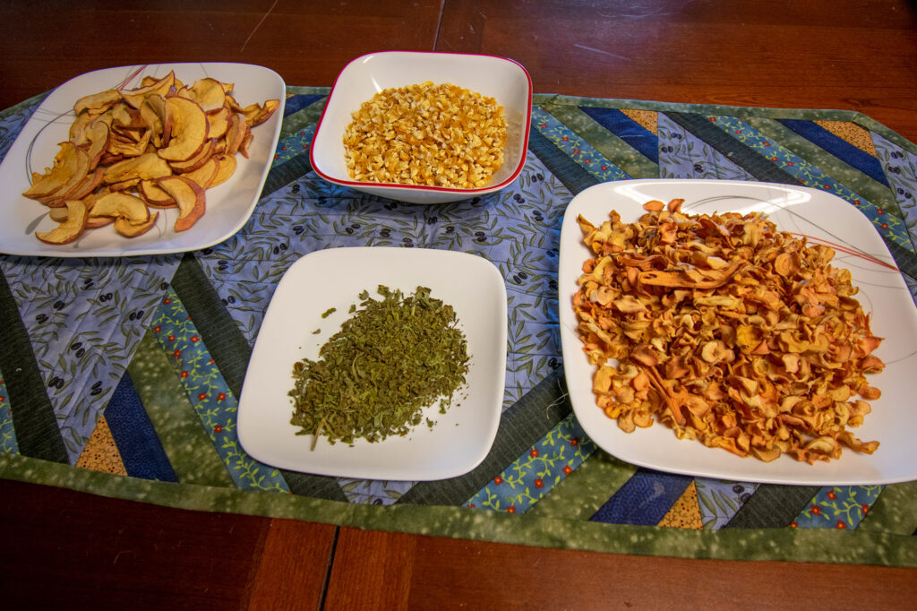 Dried apple slices, corn kernels, herbs, and another dried food arranged on plates. Northern Plains Reservation Aid is appropriate.