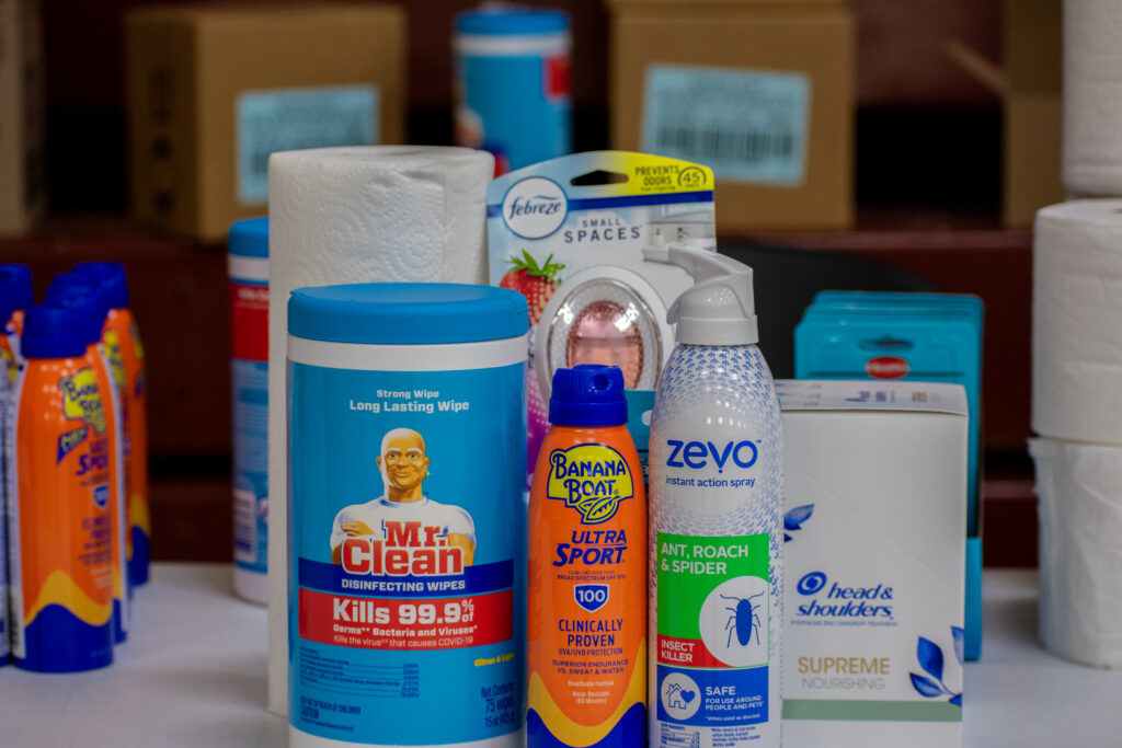 Various cleaning and personal care products, including wipes, bug spray, and sunscreen, are displayed.