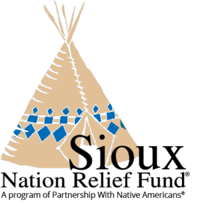 A tipi illustration with the text: Sioux Nation Relief Fund.